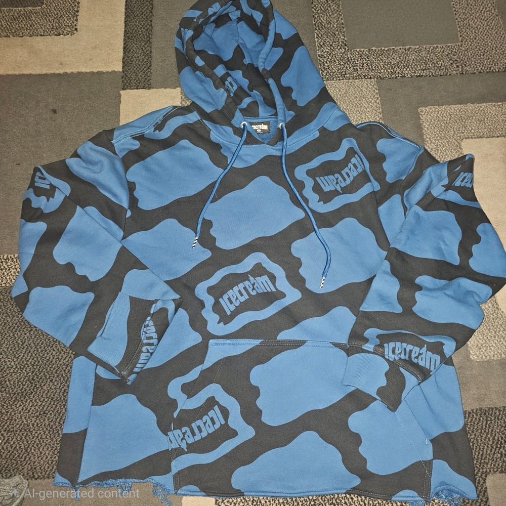 IceCream Hoodie Mens XL Blue Black Camo Logo Custom Distressed Excellent